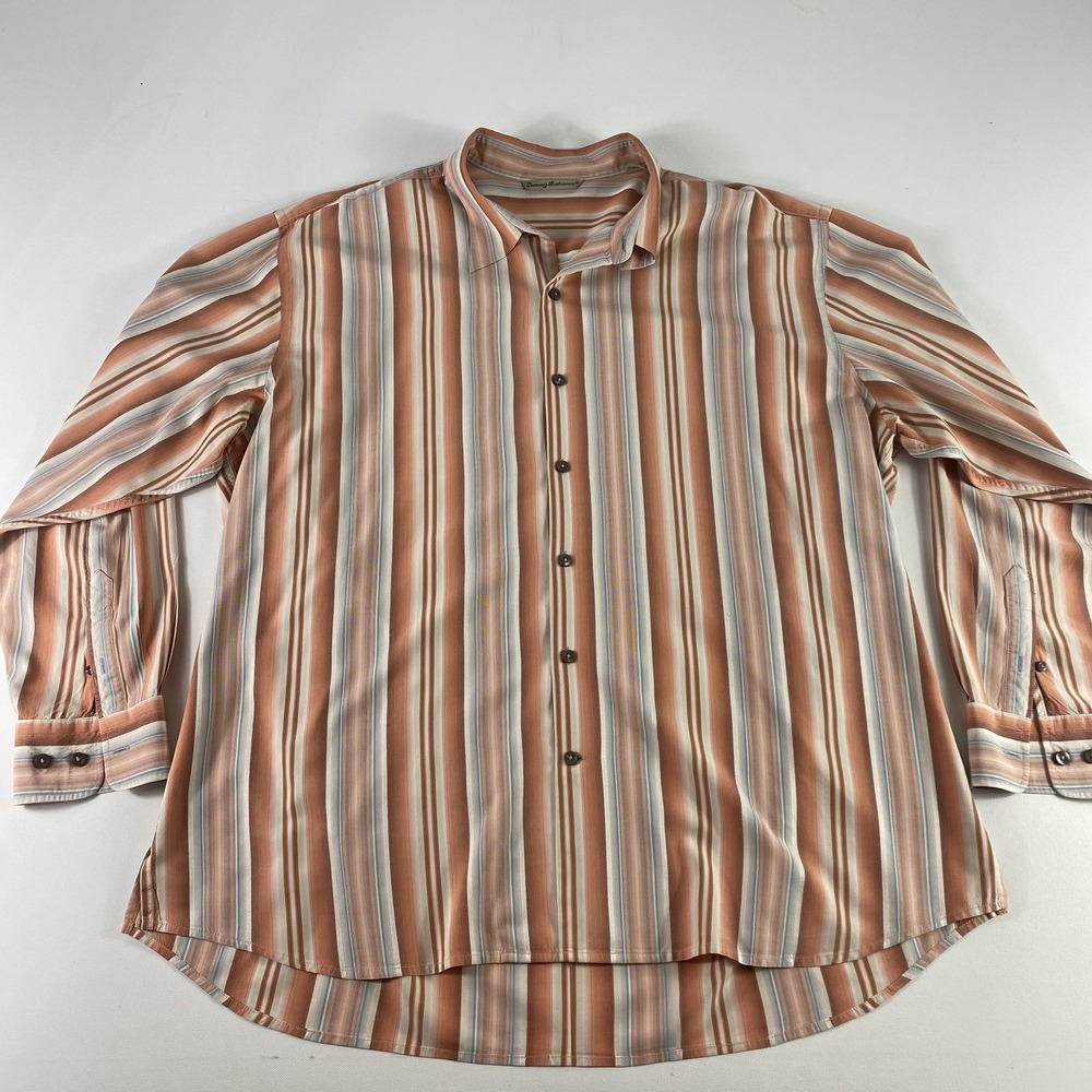 Tommy Bahama‎ Button Up Shirt Mens 2XL Orange Blue Striped Silk Casual